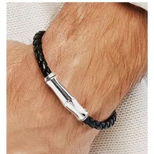 John Hardy Sterling Silver Bamboo Station Braided Leather Bracelet NWT